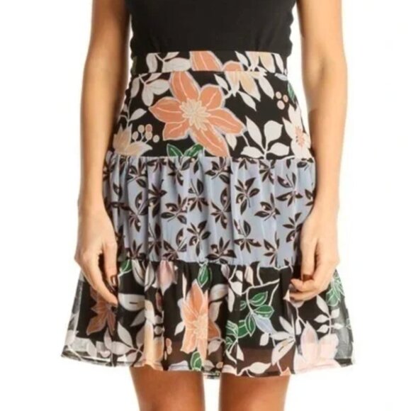 ANN TAYLOR LOFT Tiered Floral Skirt Black Blue ish Cream Short Mini Boho Work 8 - Picture 3 of 16